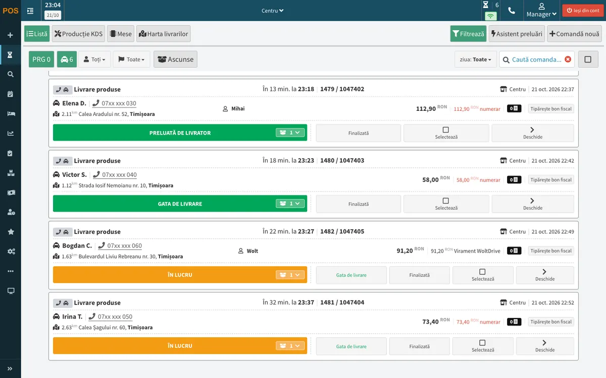 Lista comenzilor de livrare din APPY POS, cu o comandă dată curierului Wolt